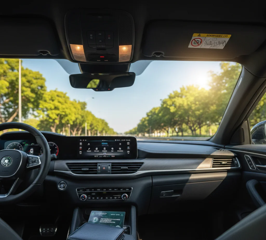 Carteira de motorista paraguaia e licença estrangeira sobre o assento de um carro moderno em Assunção.