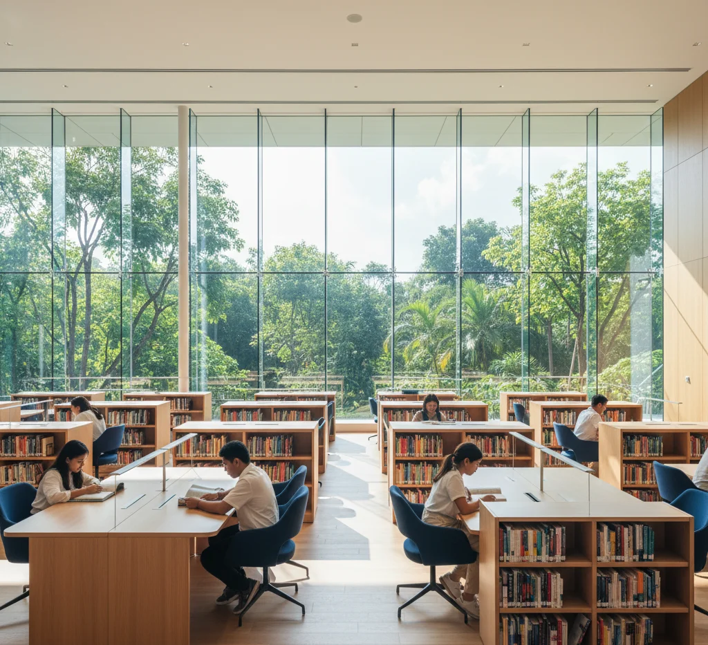 Biblioteca moderna de um colégio internacional em Assunção, representando o sistema educativo no Paraguai.