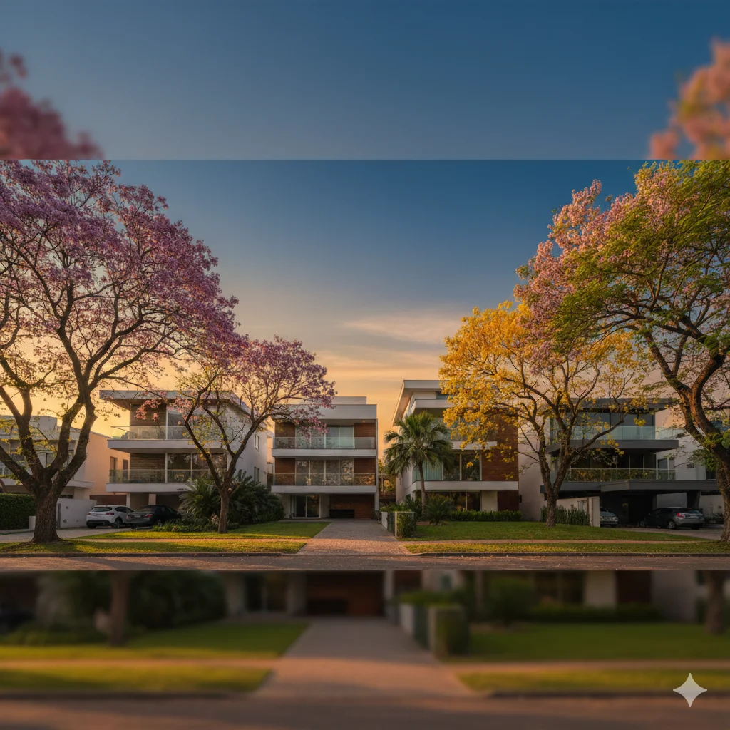 Rua residencial moderna e arborizada em Assunção, representando a qualidade de vida e segurança no Paraguai para expatriados.