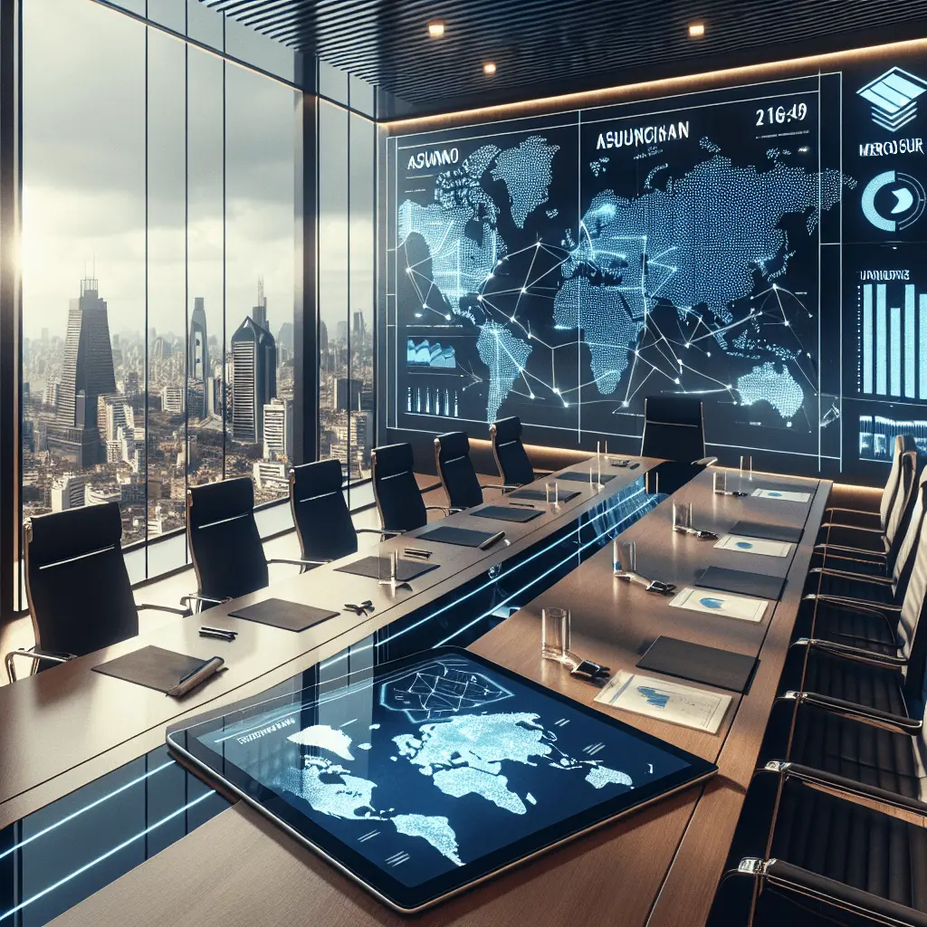 Fotografía profesional de una sala de juntas moderna y tecnológicamente avanzada en Asunción, con vista al horizonte de la ciudad. Una tablet en la mesa muestra gráficos de comercio entre la UE y Mercosur. Predominan los colores azul marino y dorado.