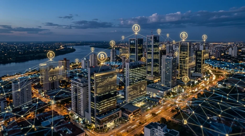 Visualización de una red blockchain digital sobre el distrito financiero de Asunción, con símbolos de Bitcoin dorados y interfaces de datos.