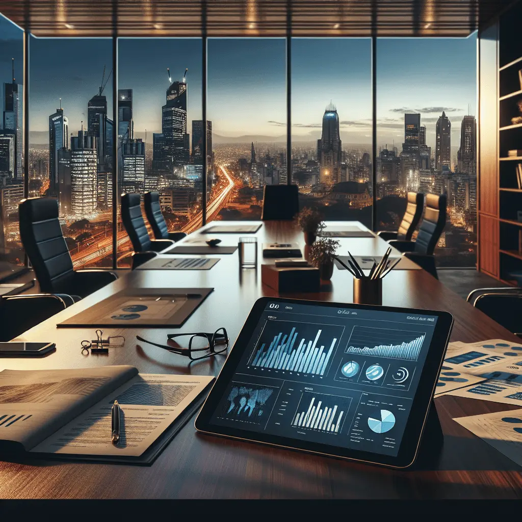 Oficina corporativa de lujo en Asunción con vista a un moderno skyline, un escritorio de madera pulida con una tablet mostrando gráficos financieros y documentos fiscales bajo luz cálida profesional.