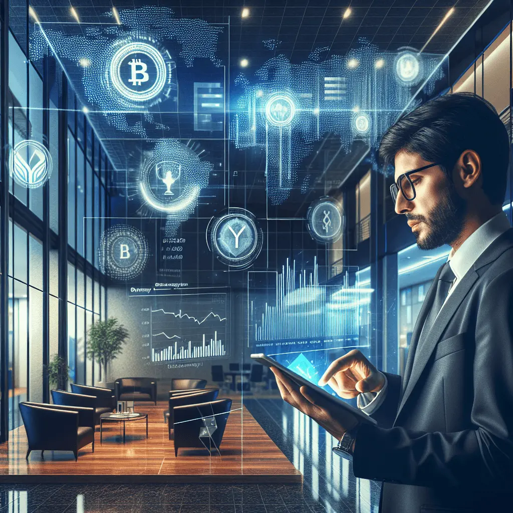 Interfaz financiera digital con gráficos y criptomonedas en una oficina moderna en Asunción, Paraguay. Un hombre de negocios observa una tablet.