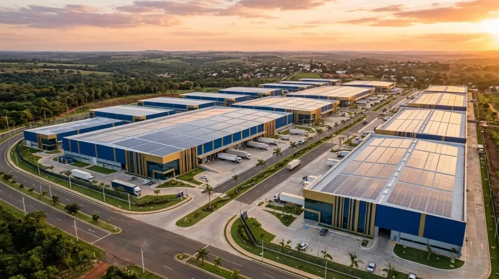 Vista aérea cinemática de un parque industrial moderno en Paraguay, con naves industriales relucientes y techos con paneles solares, paleta de colores azul corporativo y detalles en dorado metálico.