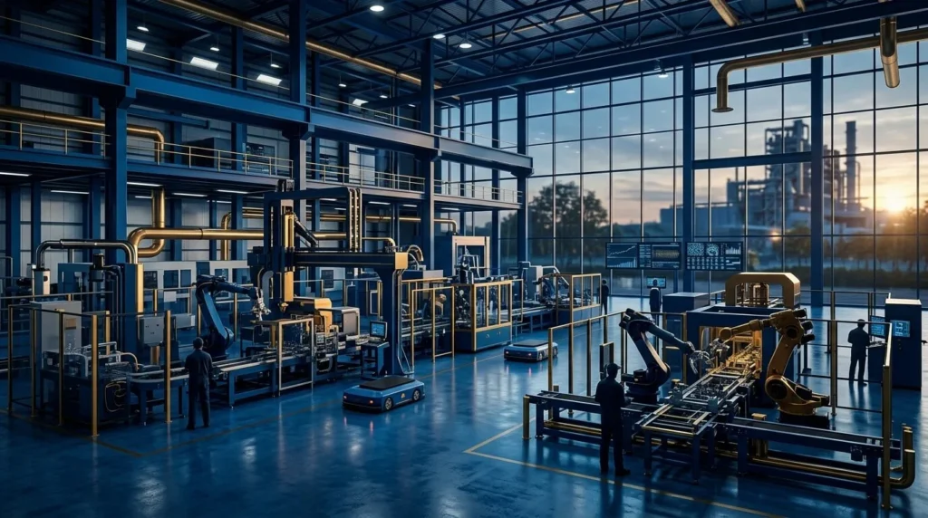 Diseño industrial de una fábrica moderna en Paraguay con paleta de colores azul y dorado, siluetas de maquinaria de alta tecnología, iluminación cinematográfica.