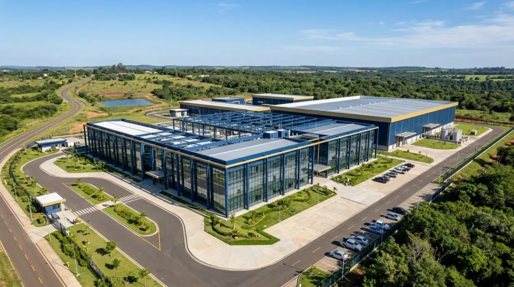 Vista aérea de planta industrial moderna minimalista en Paraguay, estructuras de acero y cristal, colores azul corporativo y dorado, cielo despejado, formato panorámico 16:9.