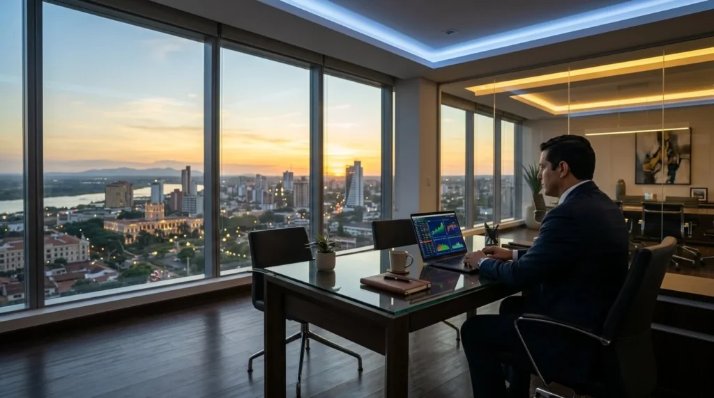 Escritorio elegante con laptop mostrando gráficos financieros en una oficina moderna en Asunción, Paraguay, con vista al skyline al atardecer y luces azules y doradas.