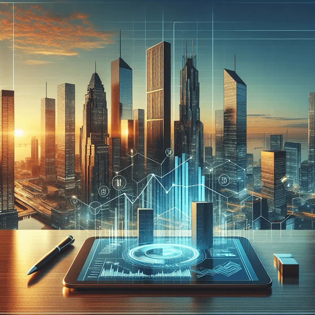 Vista panorámica de 16:9 del horizonte de Asunción al atardecer, destacando los nuevos rascacielos del distrito financiero. En primer plano, un escritorio de cristal con una tablet mostrando un gráfico financiero ascendente y la palabra 'ESTABILIDAD'. Paleta de colores azul corporativo y dorados.