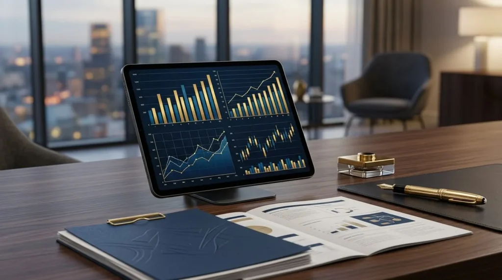 Un escritorio corporativo moderno y minimalista con un tablet mostrando gráficos financieros, una pluma dorada de lujo y documentos estructurados, en tonos azul profundo y dorado.