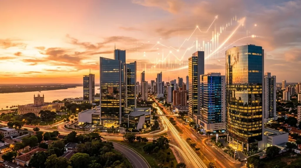 Vista panorámica del distrito financiero de Asunción, Paraguay, con edificios de vidrio, luces corporativas azules y doradas, y gráficos financieros en el cielo, durante el atardecer.