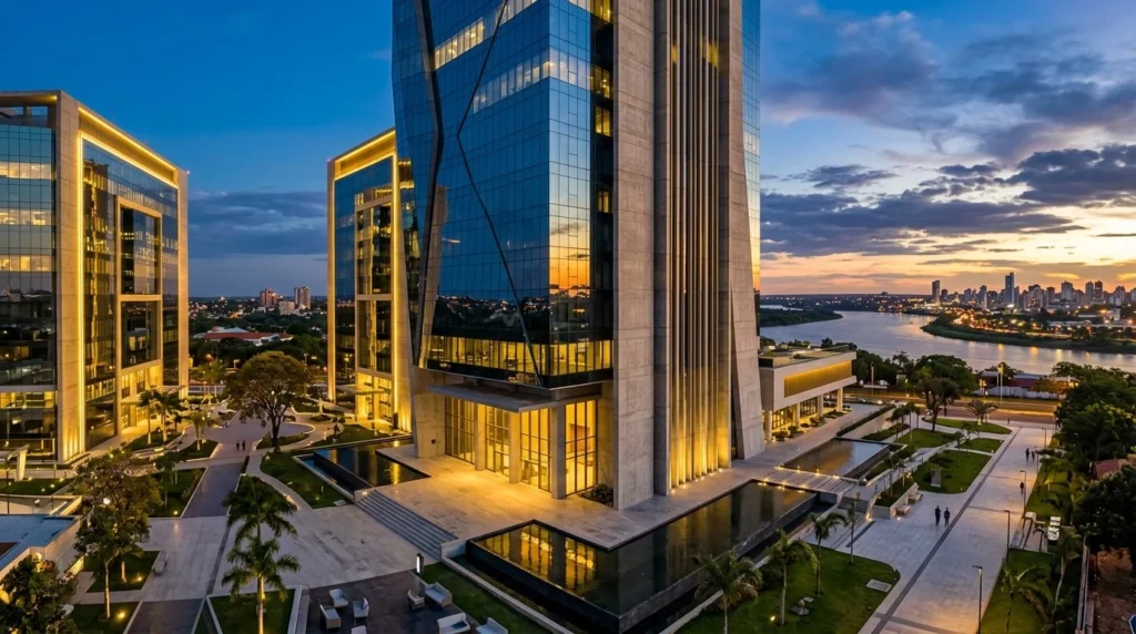 Diseño arquitectónico moderno de un centro financiero en Asunción, Paraguay, con estructuras de vidrio y concreto, acentos corporativos azules y dorados al atardecer.