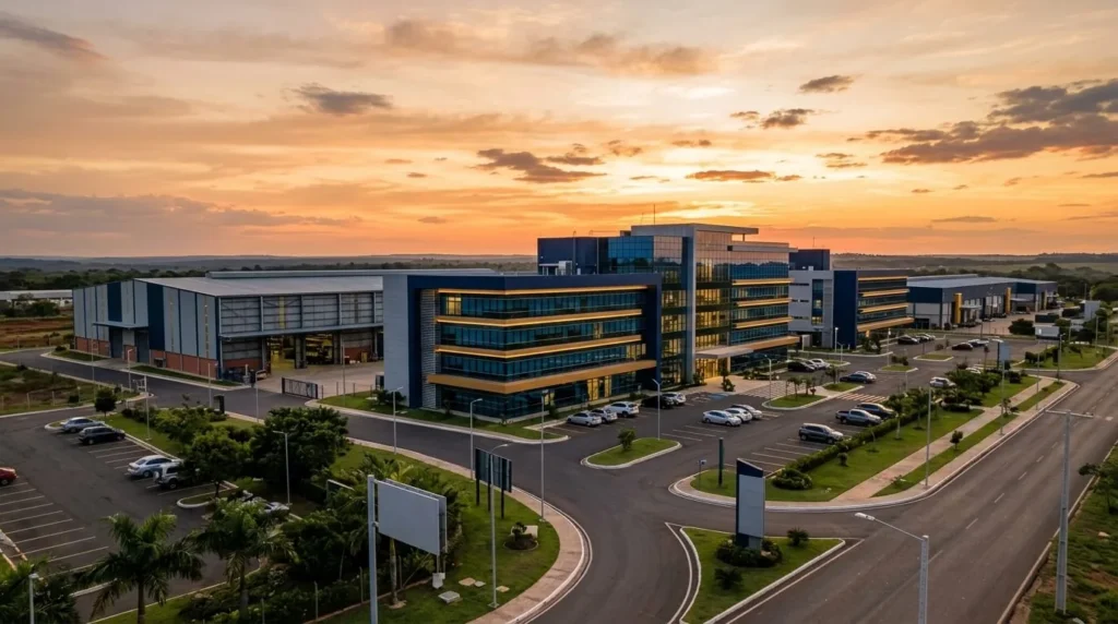 Vista panorámica cinematográfica de un parque industrial moderno en Paraguay con estructuras de acero y oficinas de vidrio al atardecer, destacando tonos azules corporativos y dorados.