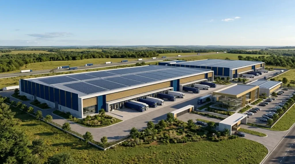 Render arquitectónico minimalista de un centro logístico y de manufactura en Paraguay, con paneles solares, camiones y detalles en azul corporativo y dorado.