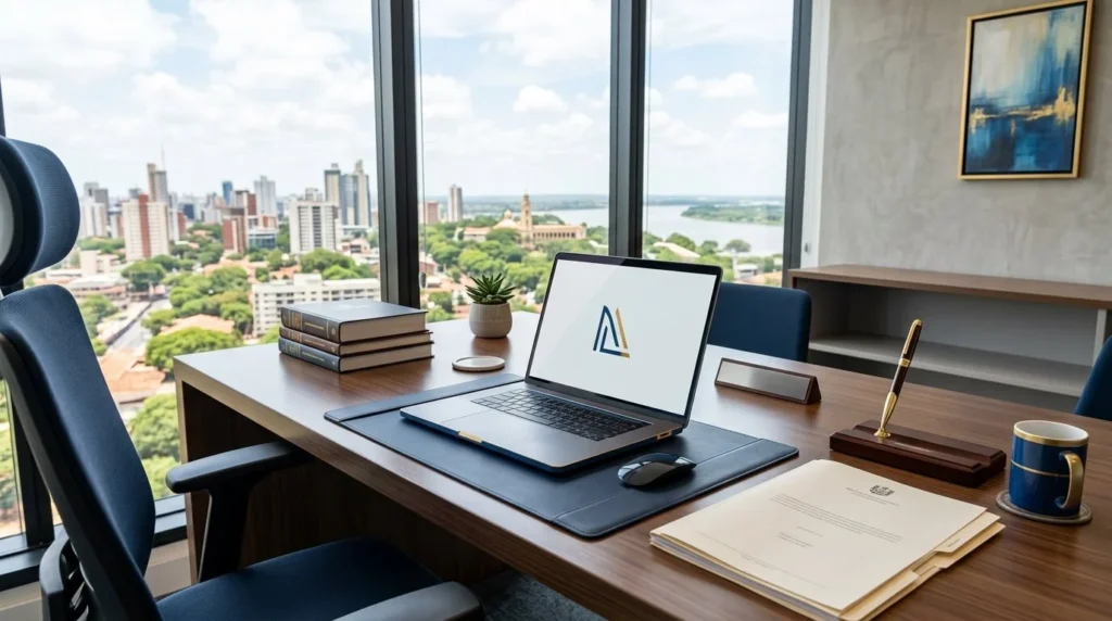 Escritorio moderno en Paraguay con documentos legales, pluma dorada y laptop de alta gama.