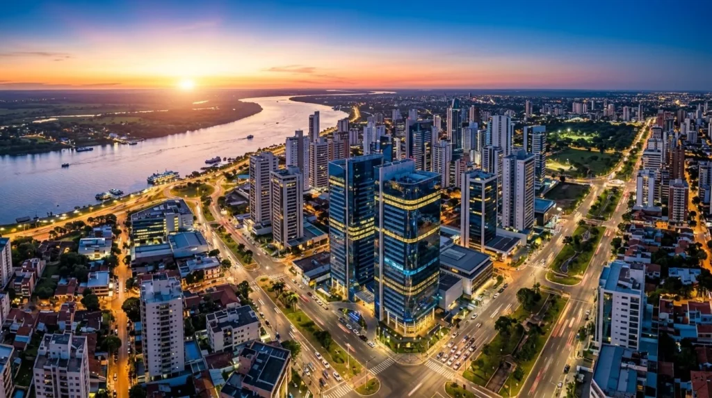 Vista aérea panorámica del distrito financiero de Asunción con edificios modernos de cristal reflejando tonos azules y dorados al atardecer, optimizada para web.