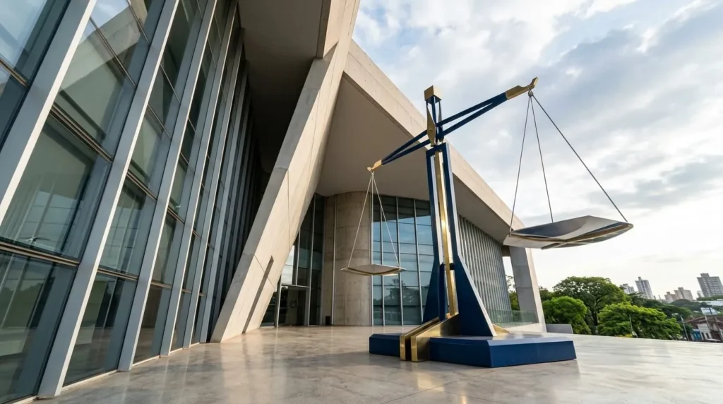 Vista en picado de un detalle arquitectónico moderno de una institución legal en Asunción, con líneas limpias, fachada de vidrio y una escultura de balanza moderna en azul profundo y dorado.