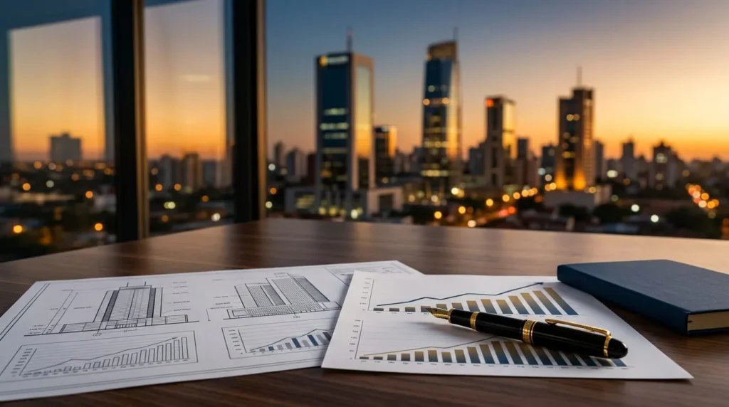 Fotografía panorámica conceptual de una mesa de oficina moderna en Asunción con planos arquitectónicos y gráficos financieros ascendentes, con el horizonte de la ciudad al atardecer de fondo. Predominan los tonos azul profundo y dorado.