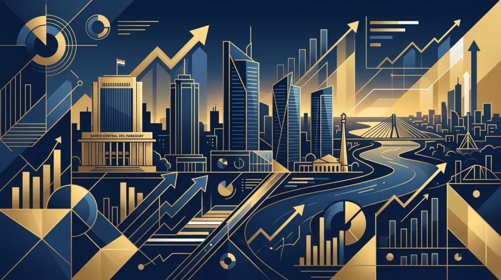 Ilustración panorámica 16:9 de estabilidad financiera y crecimiento económico en Paraguay con formas geométricas limpias, gráficos de negocios crecientes y contornos arquitectónicos de edificios corporativos modernos en Asunción, usando azul marino profundo y dorado mate. Sin rostros humanos, estética minimalista.