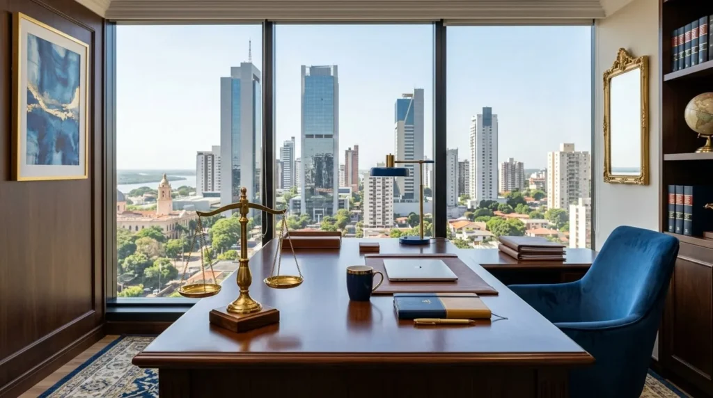 Escritorio de oficina corporativo de lujo en Asunción, Paraguay, con vista al moderno horizonte de la ciudad a través de una ventana. La decoración incluye una sutil balanza de la justicia dorada y predominan los esquemas de color azul y dorado. El ambiente es profesional y corporativo, sin personas ni rostros. La imagen está optimizada para Google PageSpeed Insights, con iluminación de alta calidad y una relación de aspecto panorámica de 16:9.