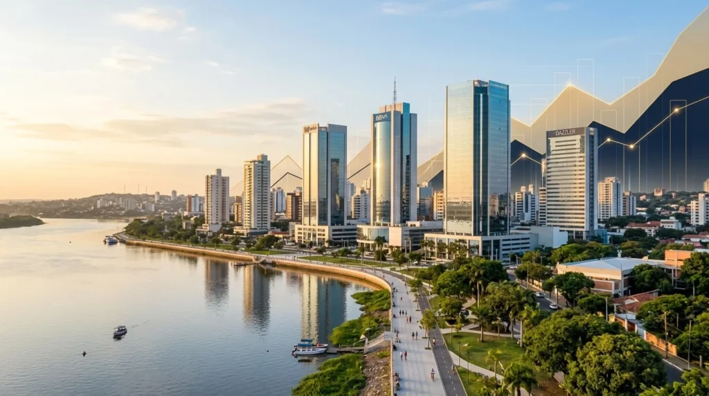 Rascacielos financieros en Asunción con gráficos económicos abstractos al amanecer.