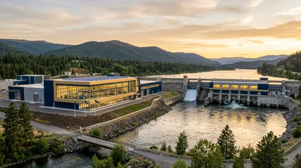 Vista panorámica de una moderna planta industrial adyacente a una estación hidroeléctrica de energía limpia, iluminada por la luz dorada del atardecer y reflejos en sus ventanas de vidrio. Uso de colores corporativos azul profundo y dorado. Formato 16:9, sin rostros humanos.