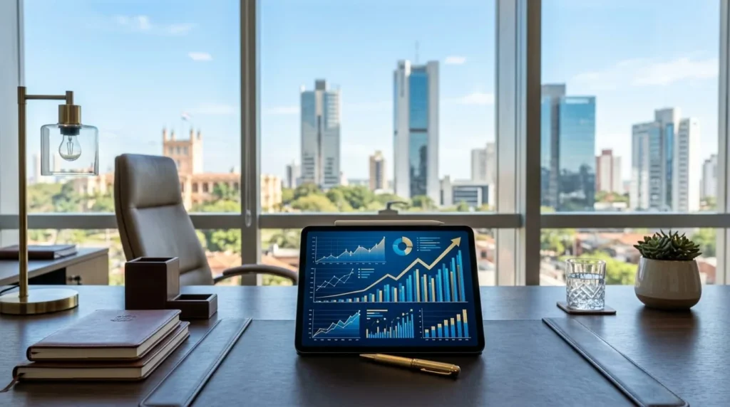 Escritorio ejecutivo de lujo en una oficina elegante en Asunción, con un bolígrafo dorado sobre una tableta que muestra gráficos de crecimiento financiero en colores corporativos azul y dorado. Vista desenfocada del horizonte de Asunción bajo un cielo claro.
