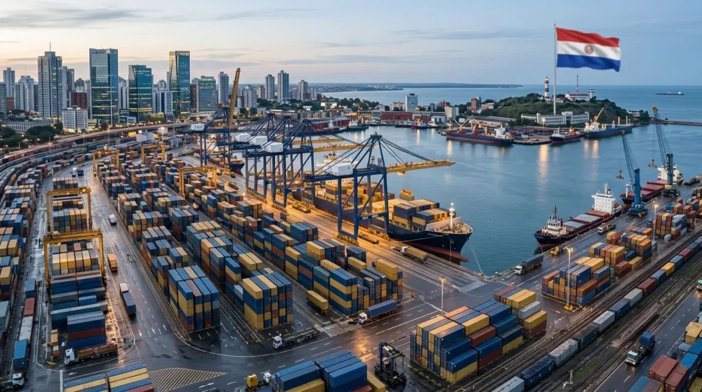 Terminal de contenedores de puerto moderno con elementos de logística, paleta de colores azul corporativo y dorado, motivo sutil de bandera paraguaya, composición limpia, sin rostros humanos.