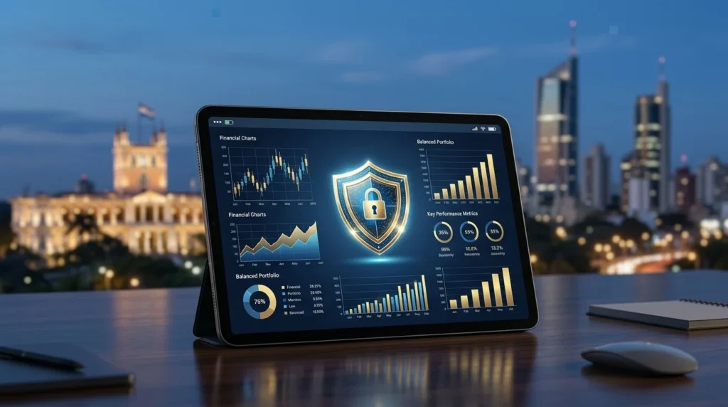 Tablet con gráficos financieros y escudo de seguridad, fondo perfil urbano de Asunción, colores azul oscuro y dorado.