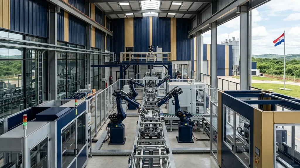 Vista panorámica de una instalación industrial moderna en Paraguay con maquinaria automatizada, líneas arquitectónicas nítidas, en tonos azul marino y dorado metálico, bajo luz diurna.