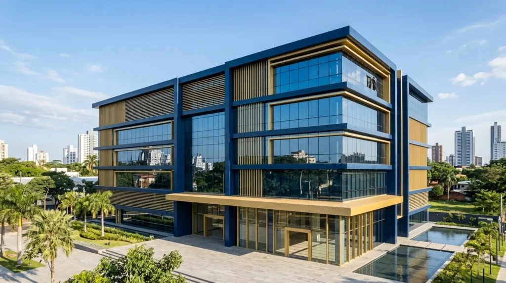 Vista panorámica de una estructura arquitectónica moderna en Asunción con líneas geométricas, tonos azul corporativo y detalles dorados, bajo luz natural brillante.