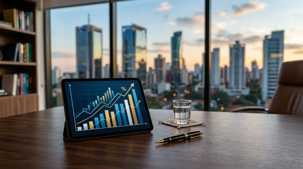 Imagen conceptual de estabilidad fiscal paraguaya: escritorio de madera oscura, pluma dorada, tablet con gráficos financieros ascendentes, y horizonte de Asunción al fondo.