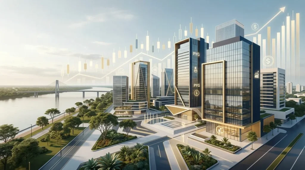 Fondo corporativo panorámico 16:9 de Paraguay, mostrando crecimiento financiero e inversión. Renderizado arquitectónico estilizado de edificios de oficinas modernos en Asunción, gráficos de negocios en tonos dorados y azul profundo.