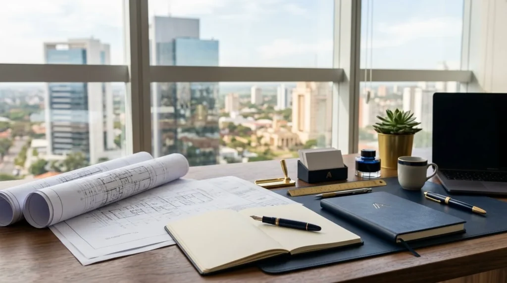 Escritorio de oficina de arquitectura en Asunción con planos, pluma fuente y acentos corporativos dorados y azul marino en la papelería. Fondo de torres de oficinas modernas a través de una ventana.