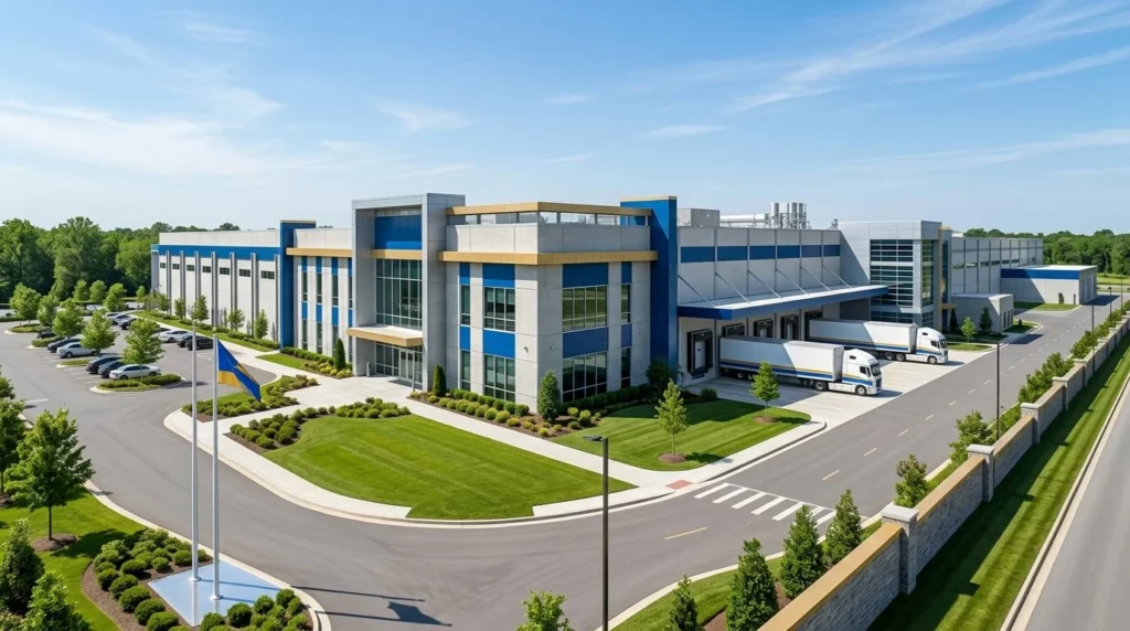 Exterior de una planta industrial moderna con detalles arquitectónicos en azul corporativo y dorado.