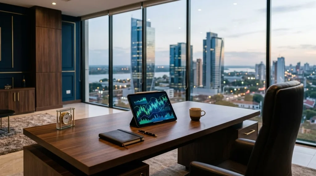 Escritorio de madera oscura con tablet mostrando gráficos financieros, rascacielos de cristal al fondo, en tonos azul profundo y dorado.