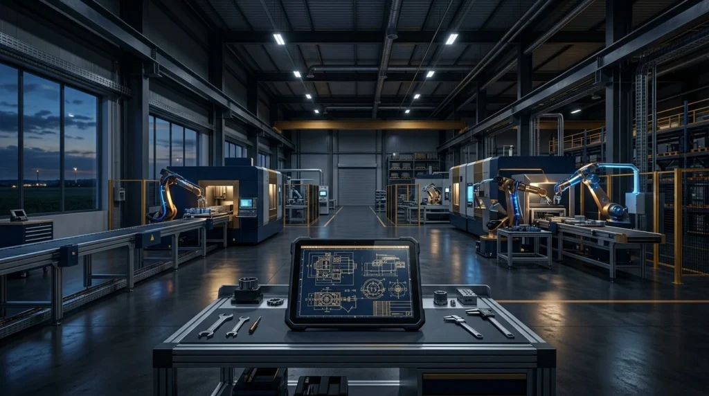 Interior de una fábrica industrial en Paraguay con equipo de manufactura moderno, iluminación dramática y planos superpuestos en una tableta.