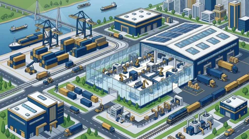 Ilustración 3D isométrica de un centro logístico industrial en Paraguay con contenedores y líneas de producción de alta tecnología, en colores azul profundo y dorado, estilo minimalista y vectorizado.