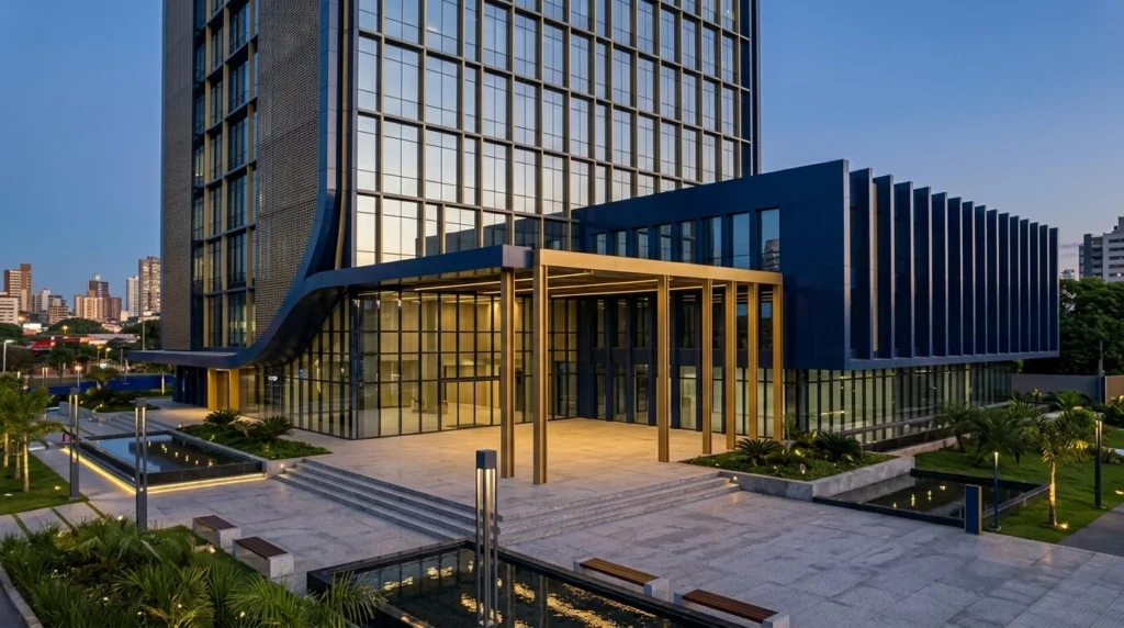 Edificio de arquitectura minimalista y elegante en Asunción, Paraguay, con detalles en azul profundo y dorado, sin personas visibles.