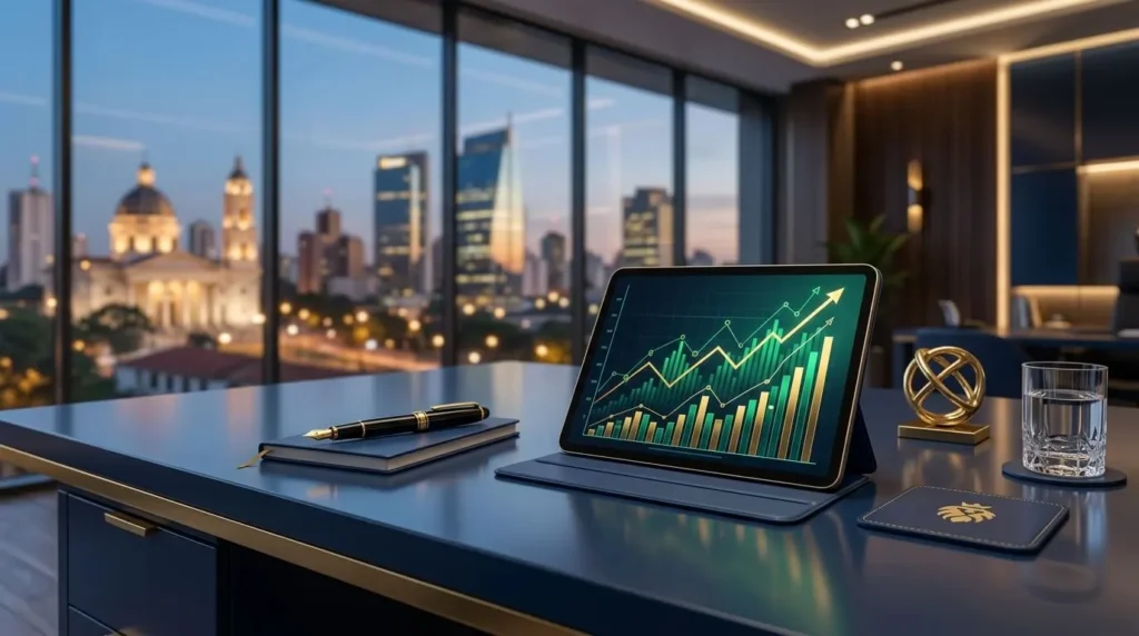 Escritorio corporativo moderno y elegante con pluma dorada, tablet con gráficos financieros y arquitectura de Asunción difuminada, colores azul oscuro y dorado.