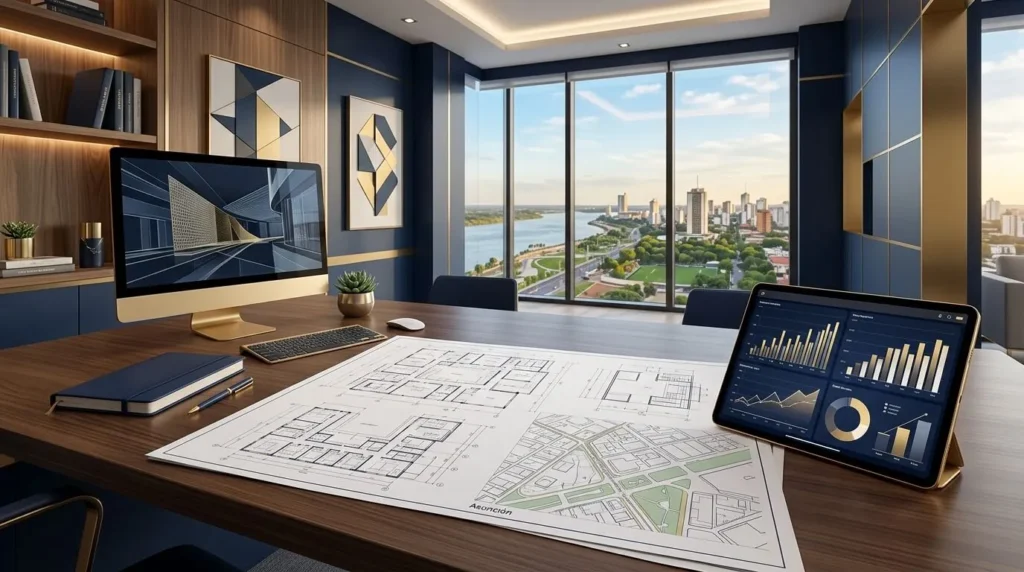 Escritorio panorámico 16:9 con elementos de oficina modernos, planos arquitectónicos de Asunción y gráficos financieros en una tablet, decorado en azul marino y dorado corporativo.