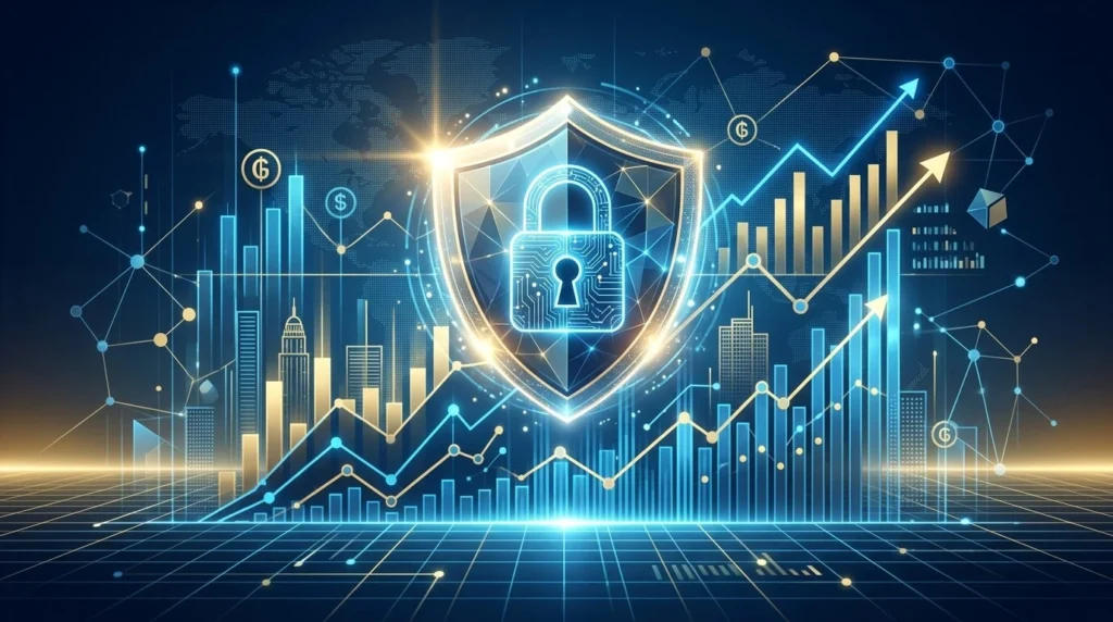Ilustración moderna y de alta tecnología que representa la banca digital y las inversiones seguras en Paraguay, con un escudo abstracto brillante y un candado digital seguro superpuestos sobre gráficos financieros limpios. Estilizado en tonos corporativos de azul profundo y dorado, sin rostros humanos y con un diseño geométrico limpio. Formato panorámico 16:9.