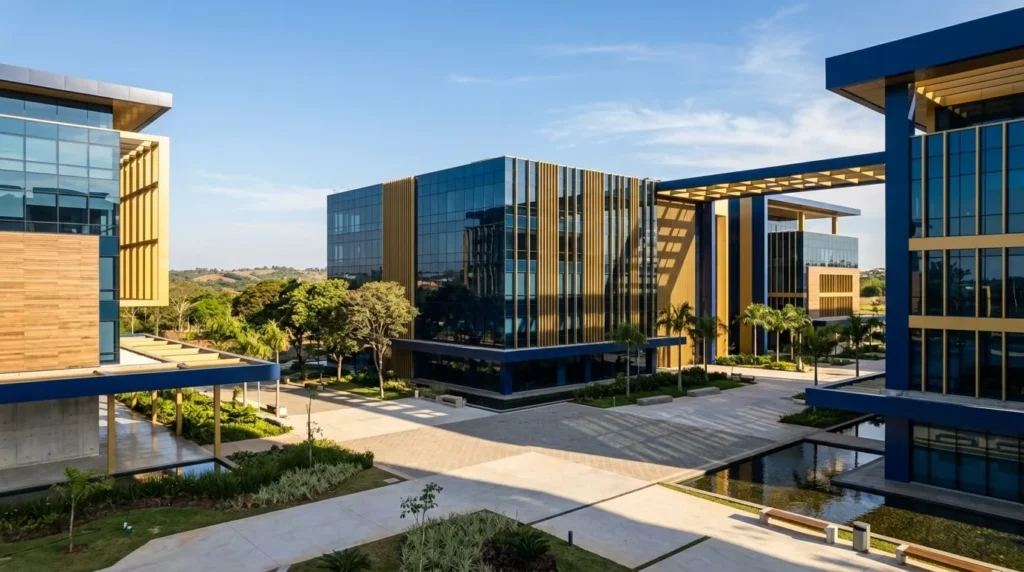 Render arquitectónico minimalista de un parque de oficinas corporativas en Asunción con detalles en azul profundo y dorado cálido, con sombras geométricas de la luz solar.