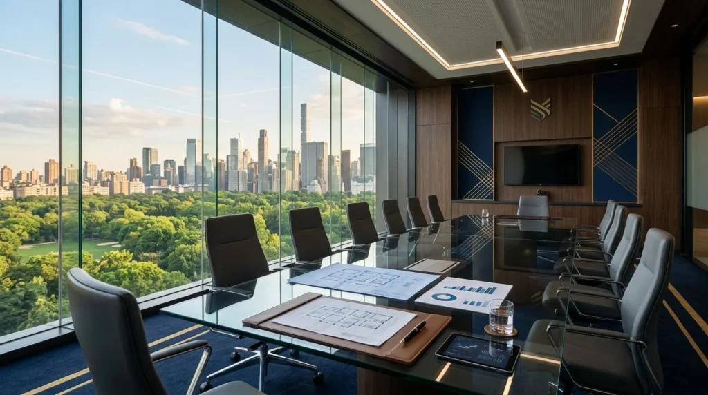 Vista arquitectónica de una sala de juntas financiera moderna con vistas a un paisaje verde y rascacielos, iluminación cálida y natural, escritorio de vidrio con planos y gráficos.